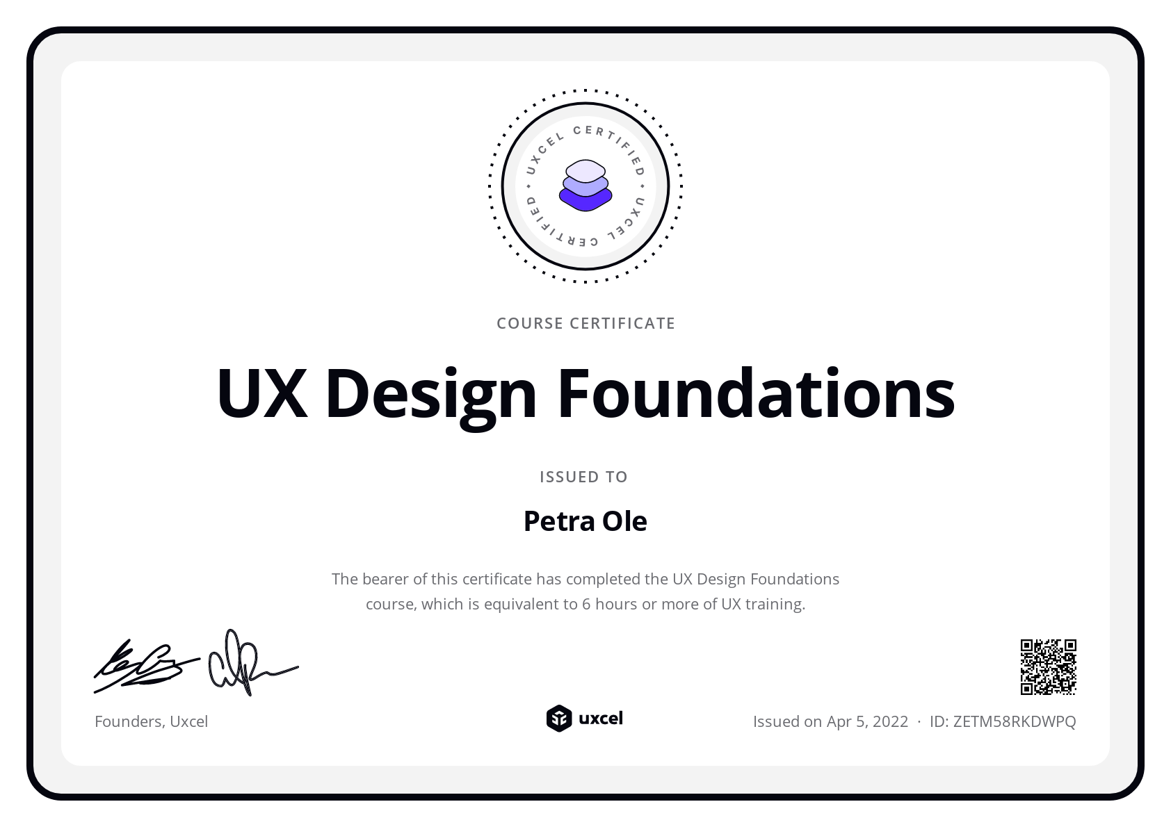 Petra Ole's certificate